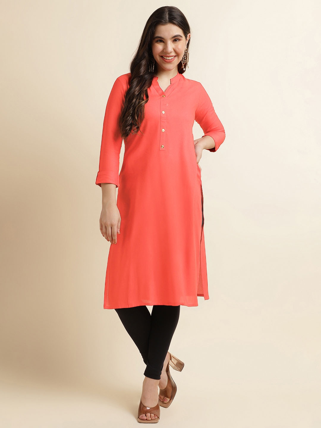 

Fabclub Roll Up Sleeve Pastels Kurta, Peach