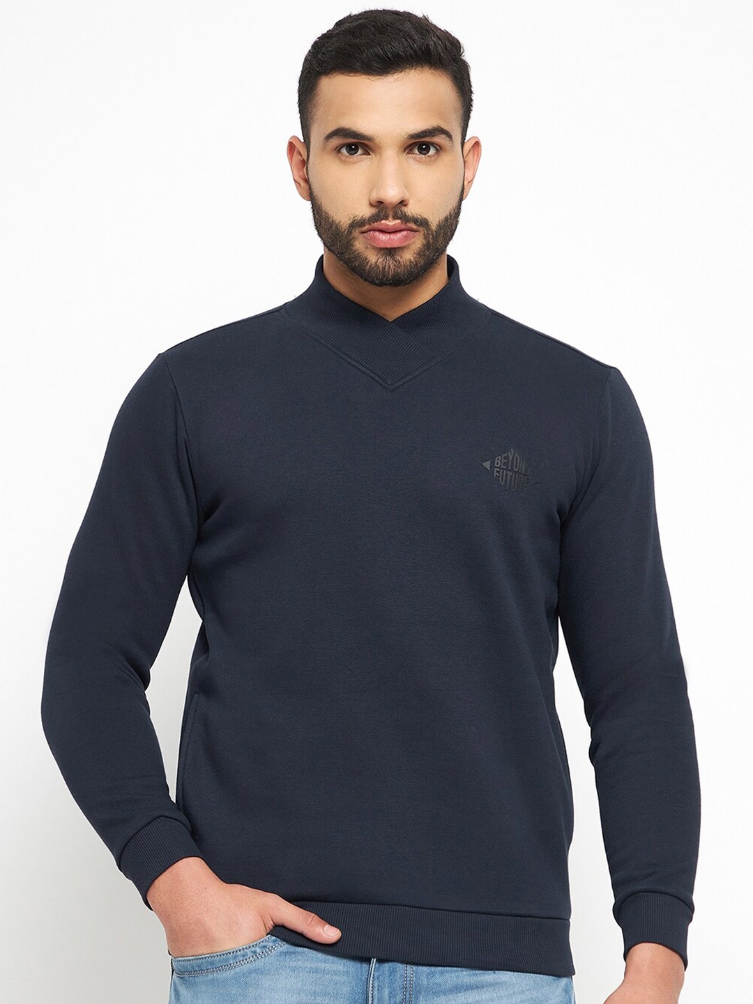 

QUBIC Men Solid Mock Collar Sweatshirt, Navy blue