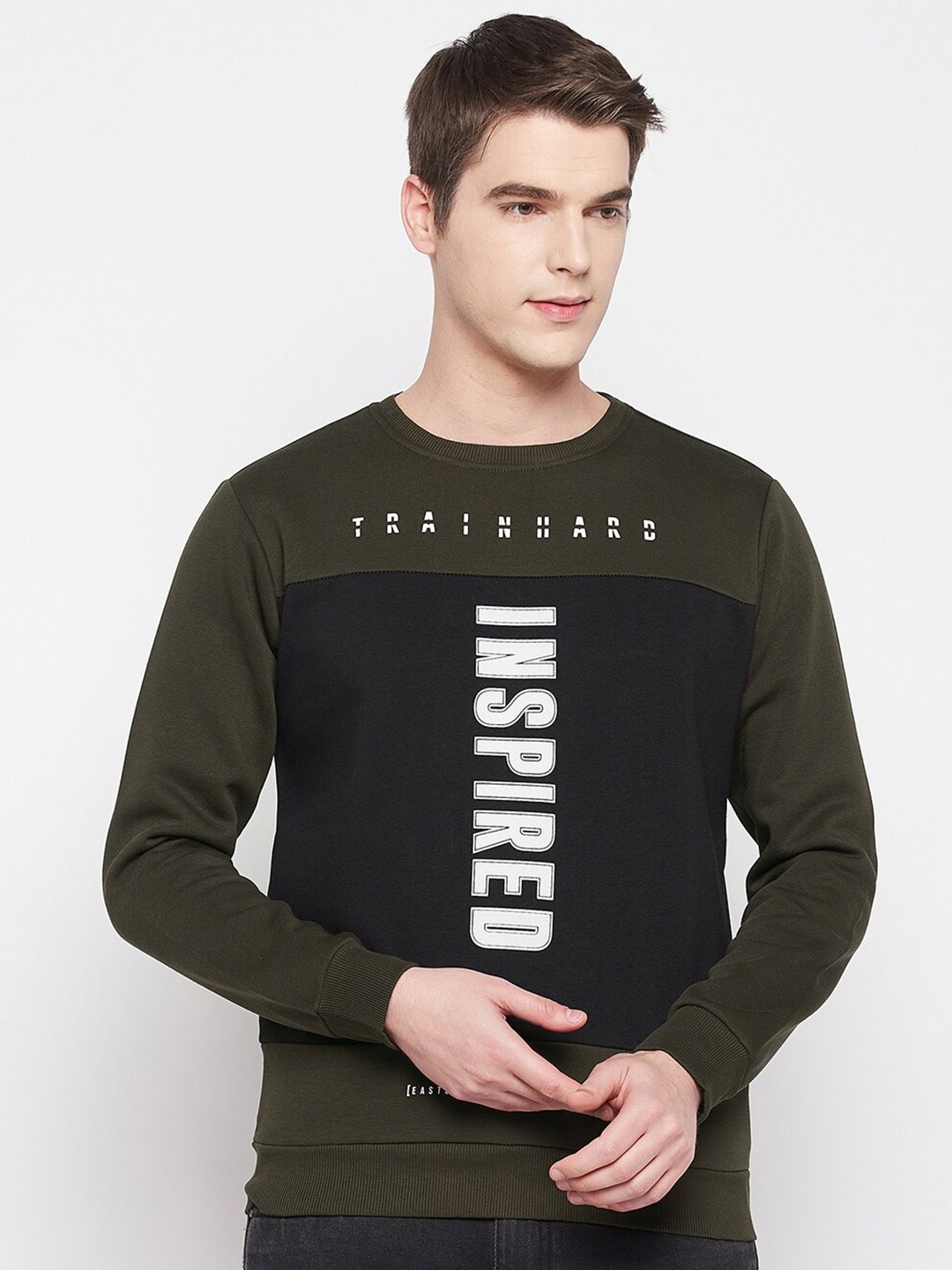 

QUBIC Men Typography Printed Pullover Sweatshirt, Olive
