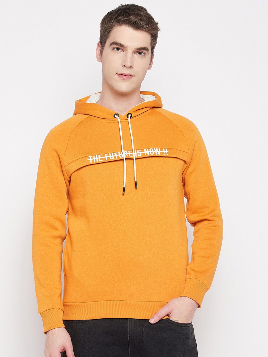 

QUBIC Men Printed Hooded Pullover Sweatshirt, Mustard