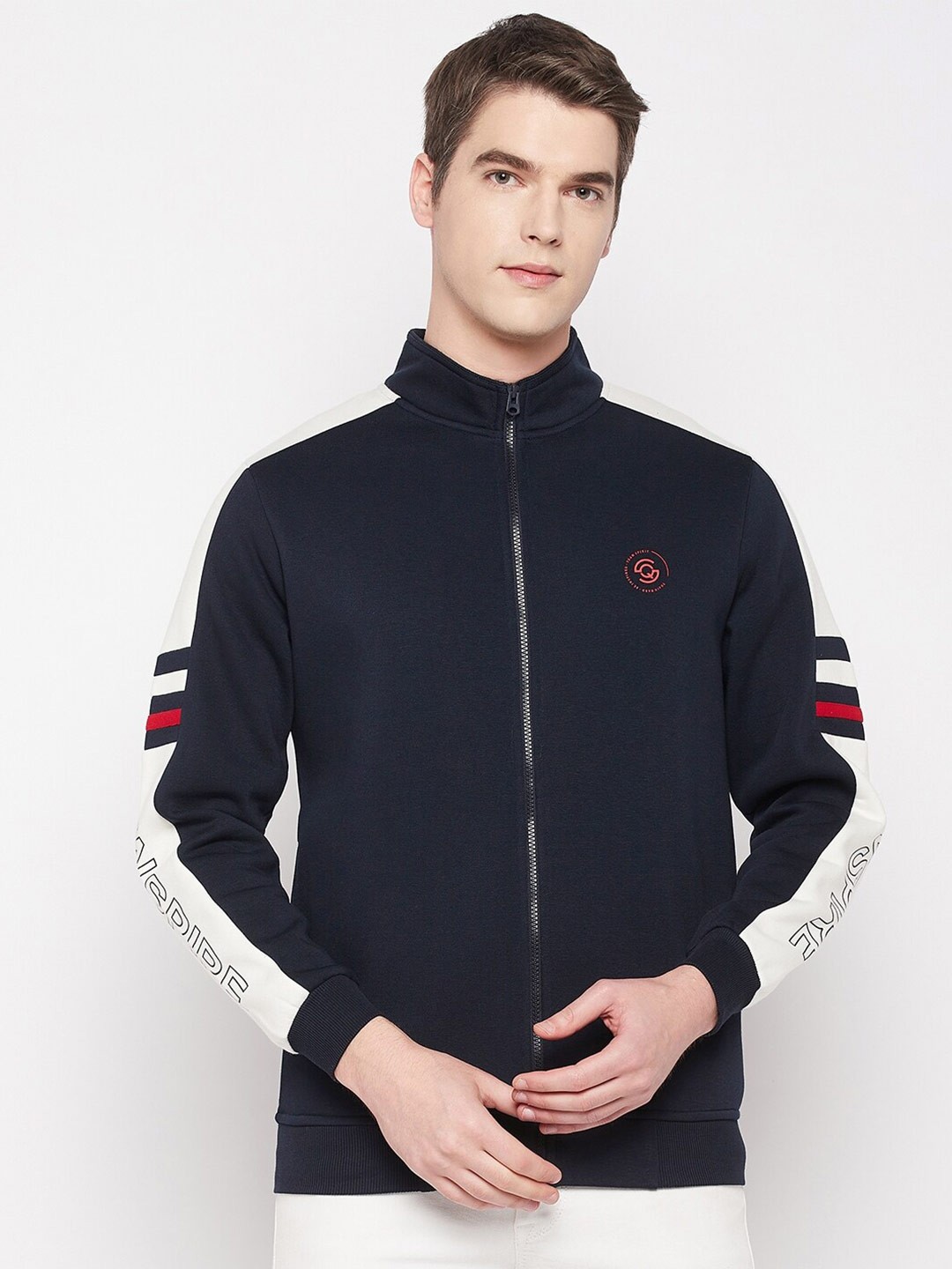 

QUBIC Men Colourblocked Mock Neck Front-Open Sweatshirt, Navy blue