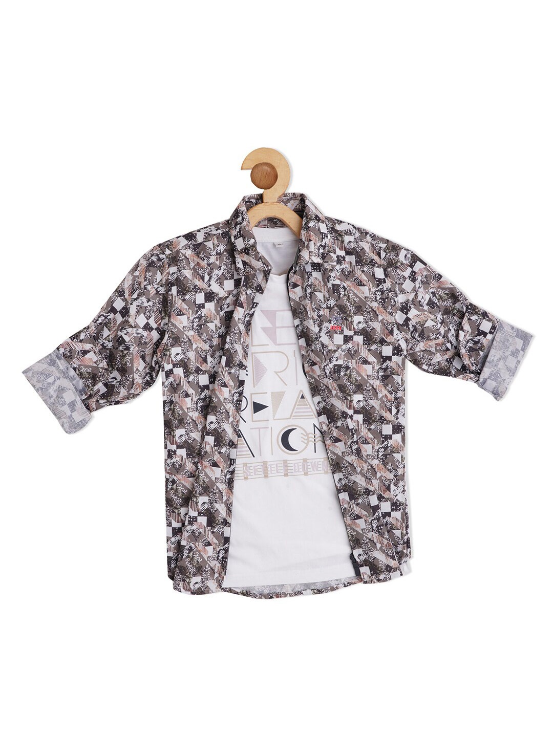 CAVIO Boys Abstract Printed Casual Cotton Shirt & T-Shirt, Black