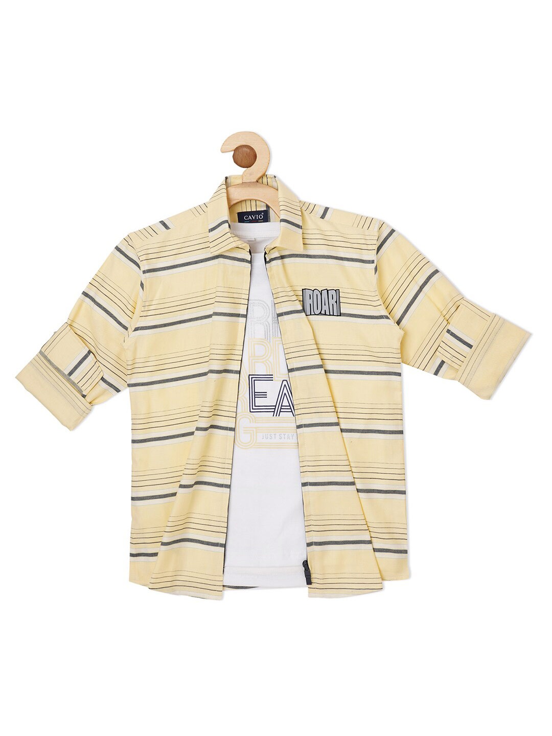 

CAVIO Boys Horizontal Stripes Casual Pure Cotton Shirt & T-Shirt, Yellow