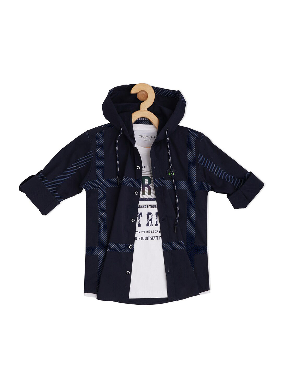 

CAVIO Boys Checked Cotton Hooded Casual Shirt with T-shirt, Navy blue