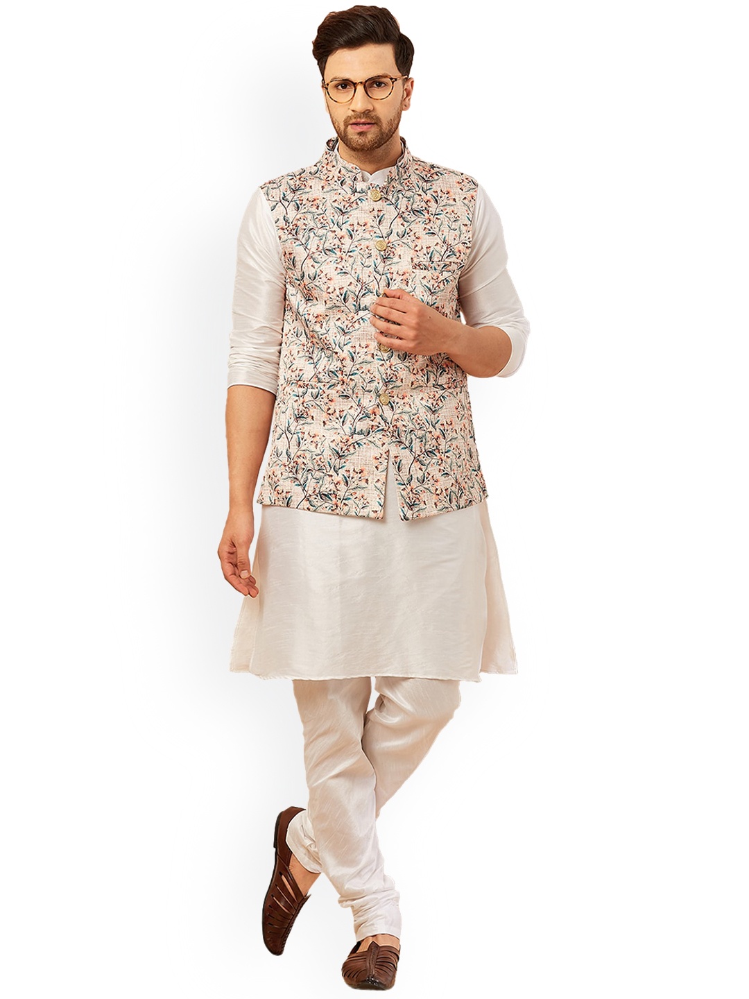 

Armaan Ethnic Men Solid Kurta with Churidar & Nehru Jacket, Cream