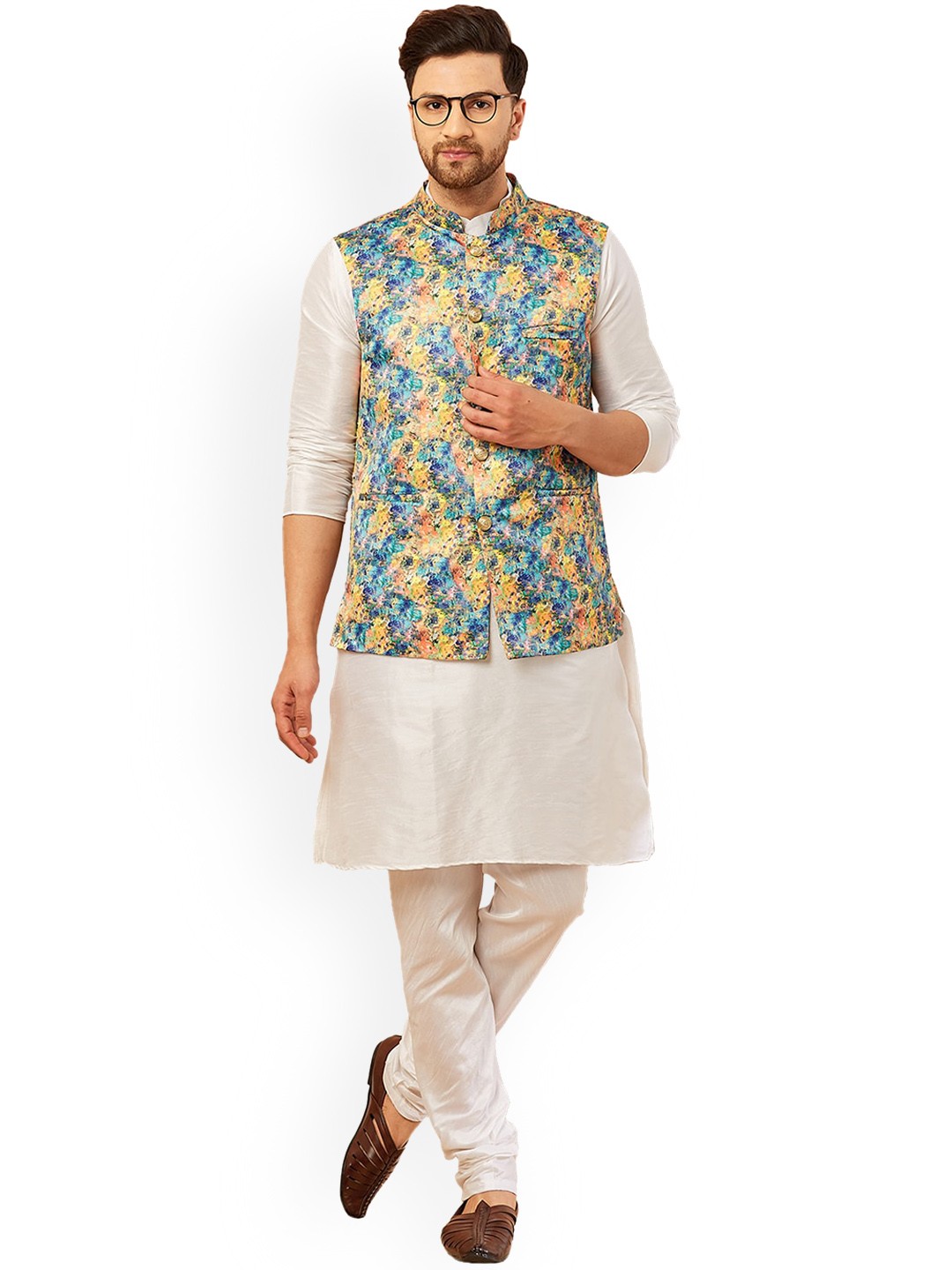 

Armaan Ethnic Men Solid Kurta with Churidar & Nehru Jacket, Off white