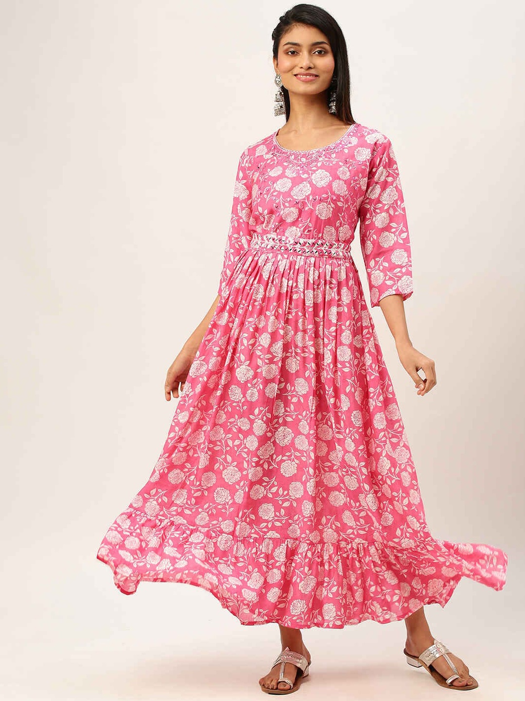 

ZOLA Women Floral Printed Mirror Work Anarkali Kurta, Pink