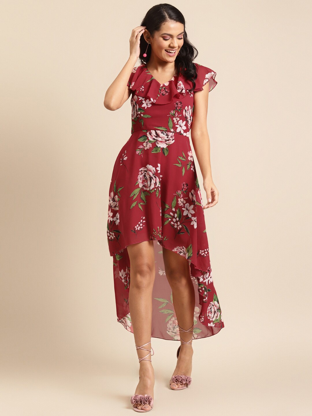 

DODO & MOA Floral Georgette Midi Dress, Red