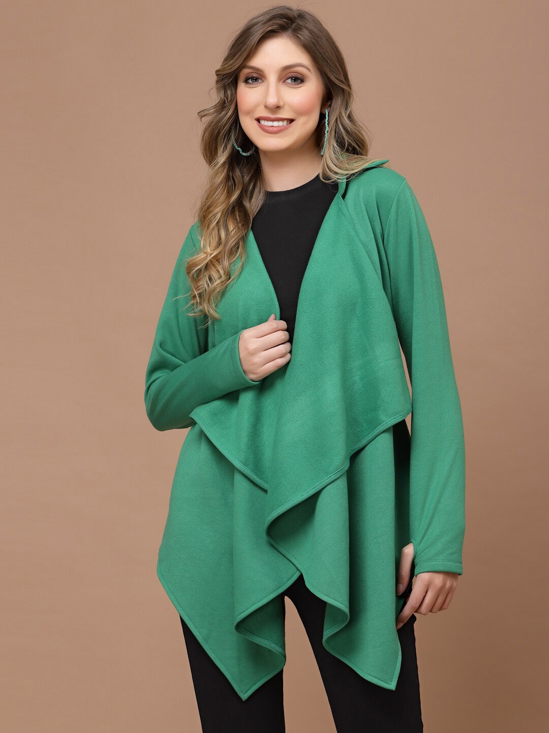 

KASSUALLY Women Long Sleeves Longline Shrug, Green
