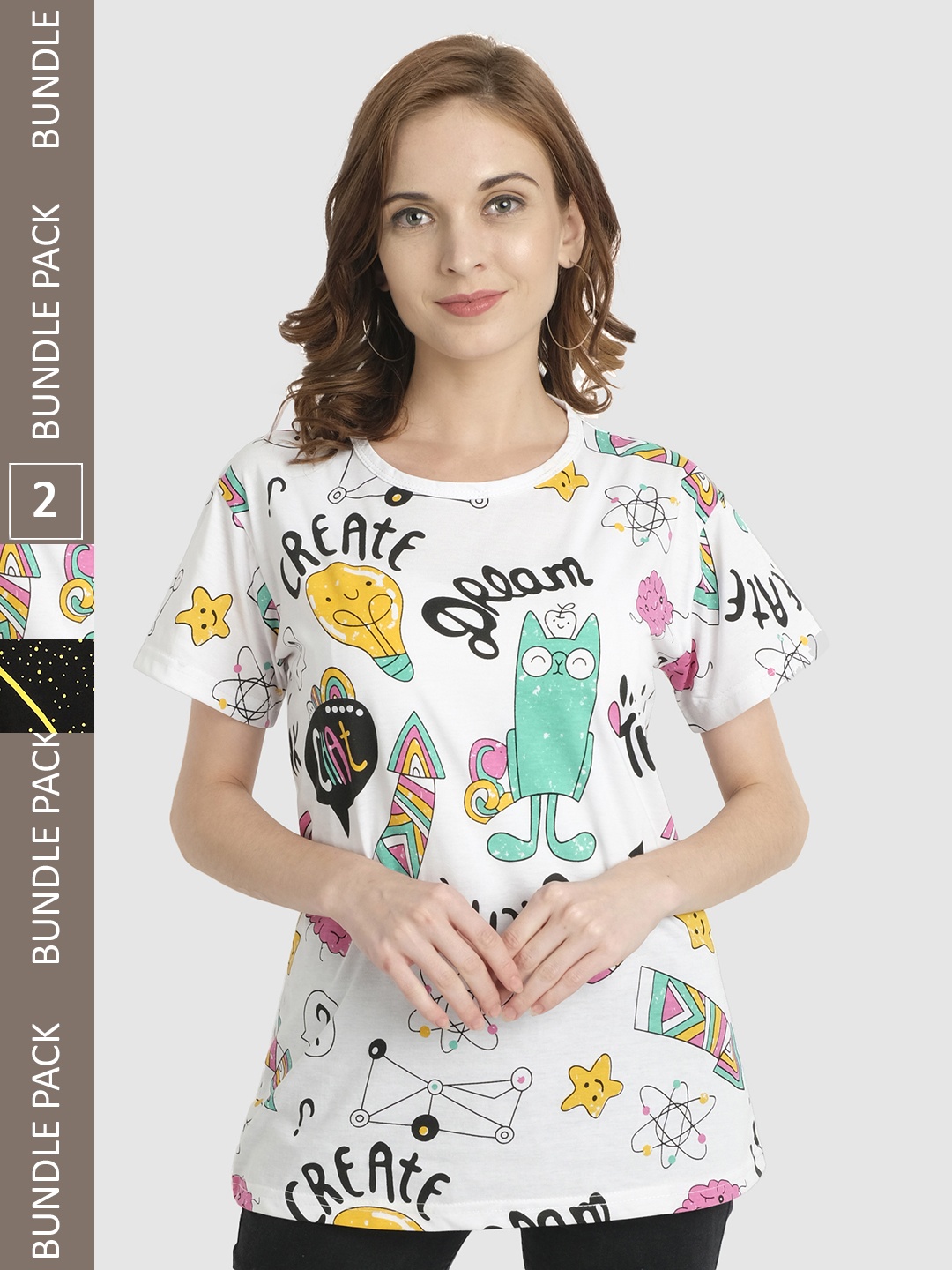

CHOZI Pack Of 2 Graphic Printed Bio Finish Cotton T-shirt, White