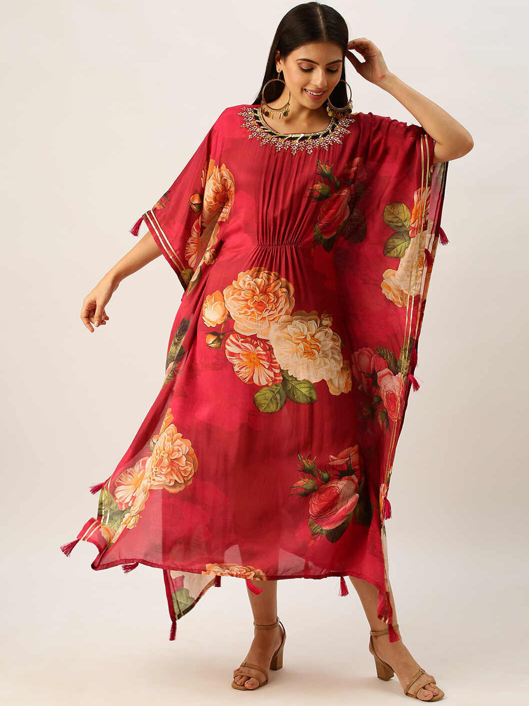 

ZOLA Floral Kaftan Midi Dress, Maroon