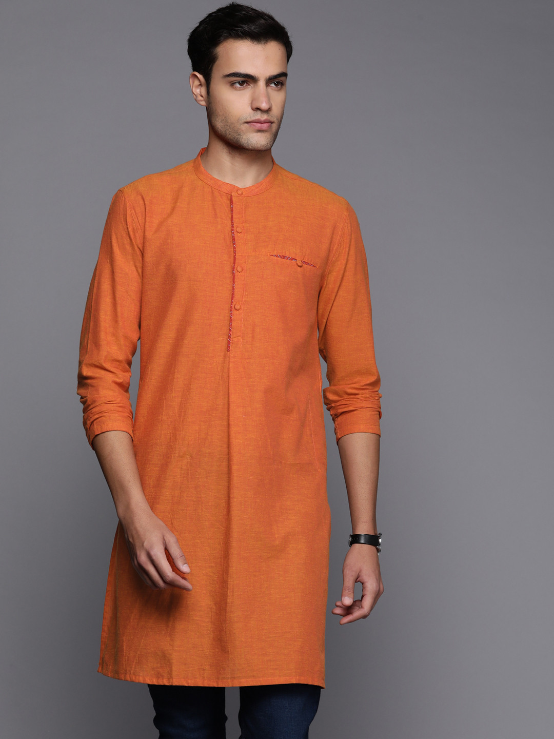 

Fabindia Cotton Band Collar Slim Fit Kurta, Orange