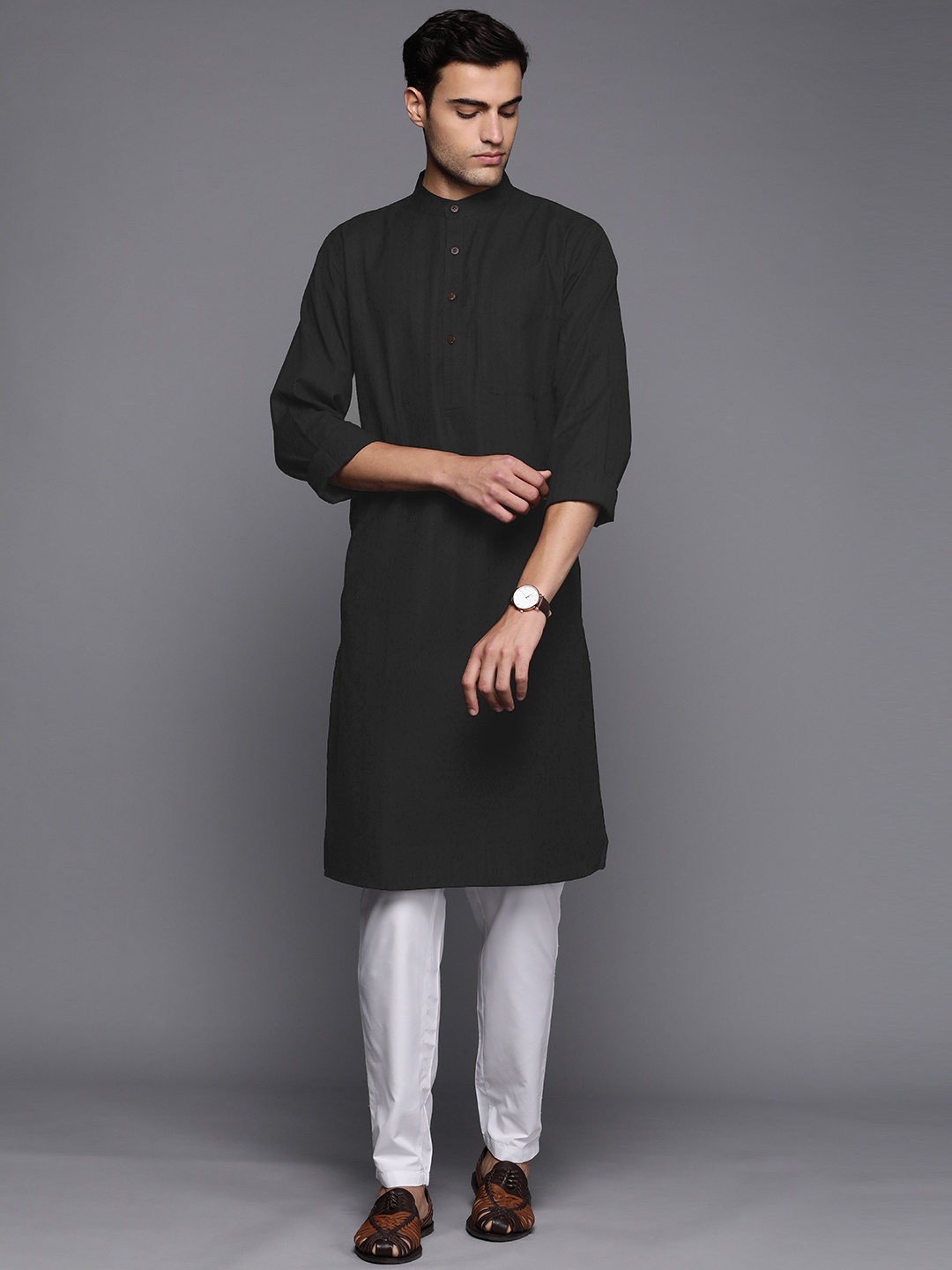 

Fabindia Cotton Self-Striped Slim Fit Kurta, Black