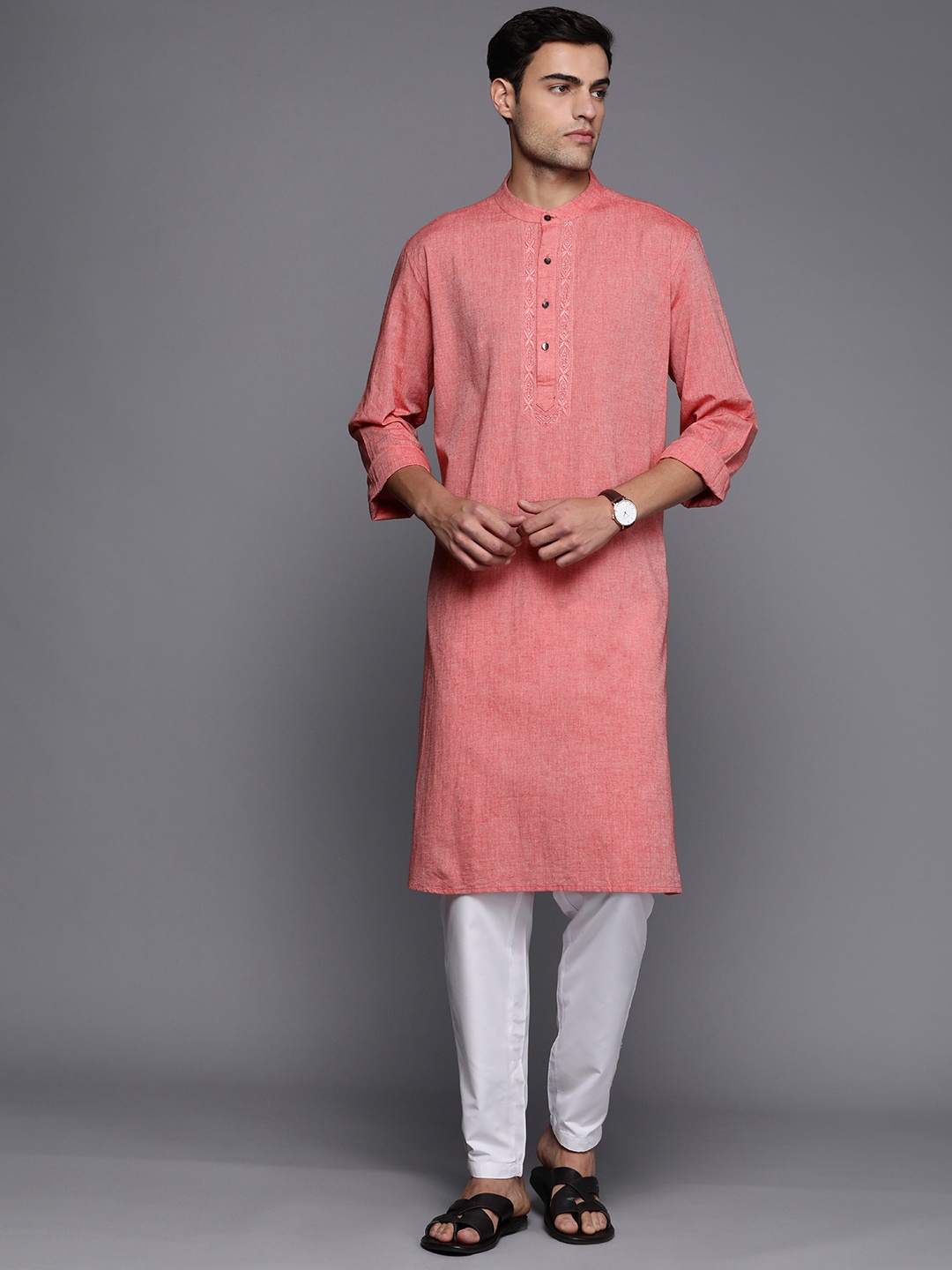 

Fabindia Men Chikankari Embroidered Pure Cotton Comfort Fit Straight Kurta, Coral