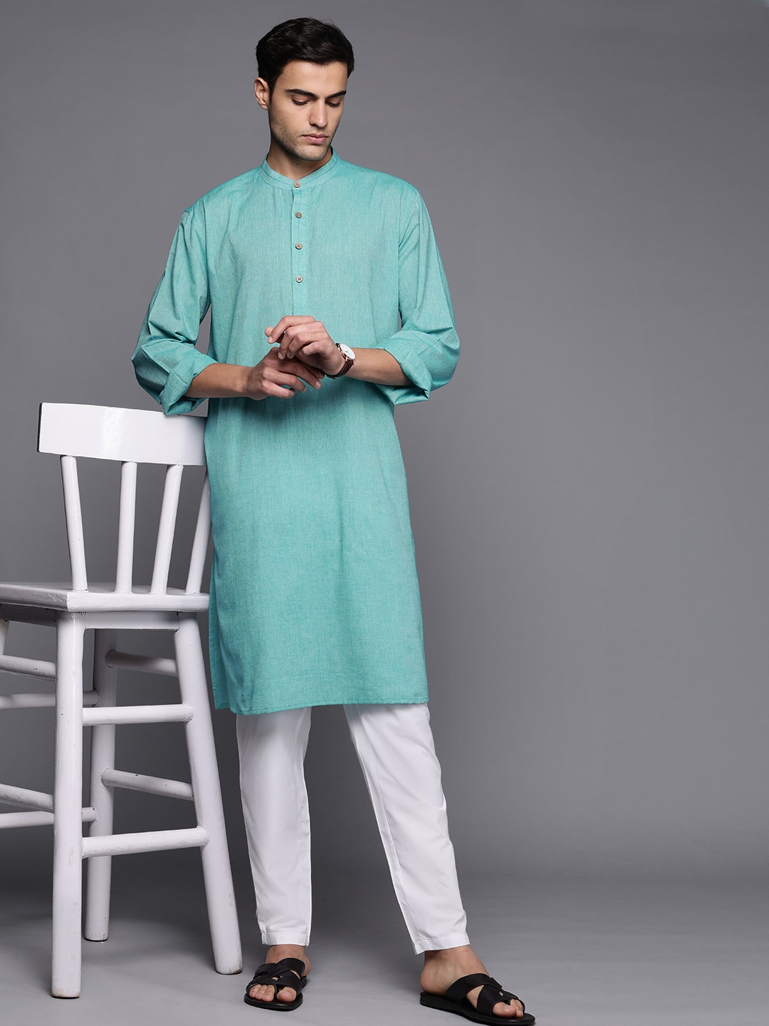 

Fabindia Pure Cotton Woven Design Band Collar Comfort Fit Kurta, Sea green