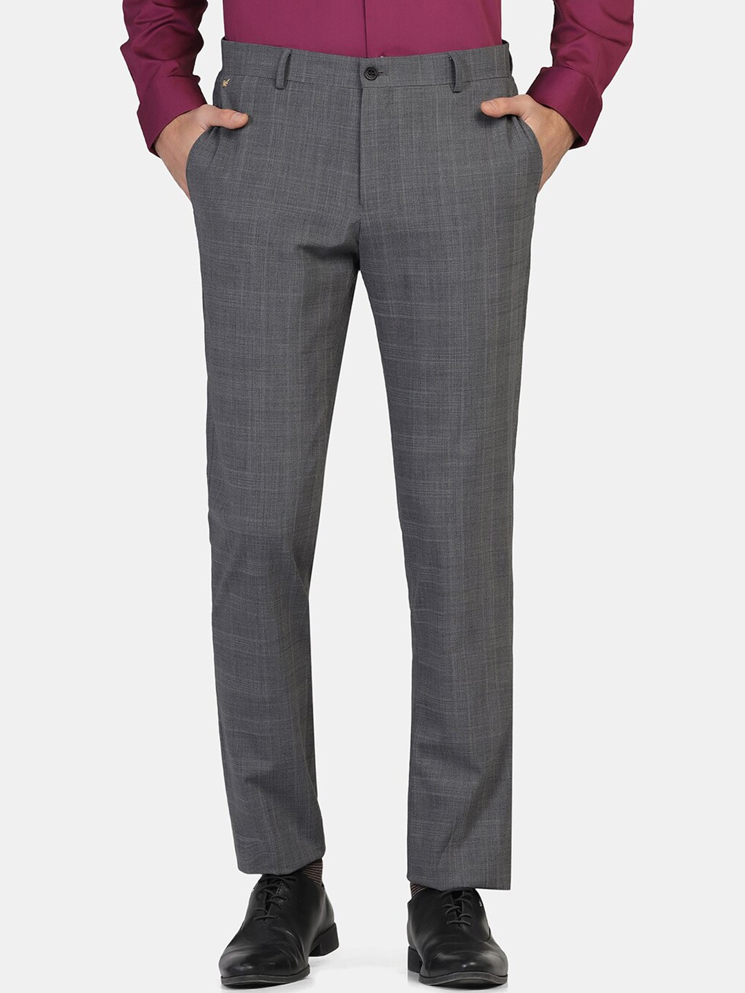 

Blackberrys Men Checked Slim Fit Wool Trousers, Grey