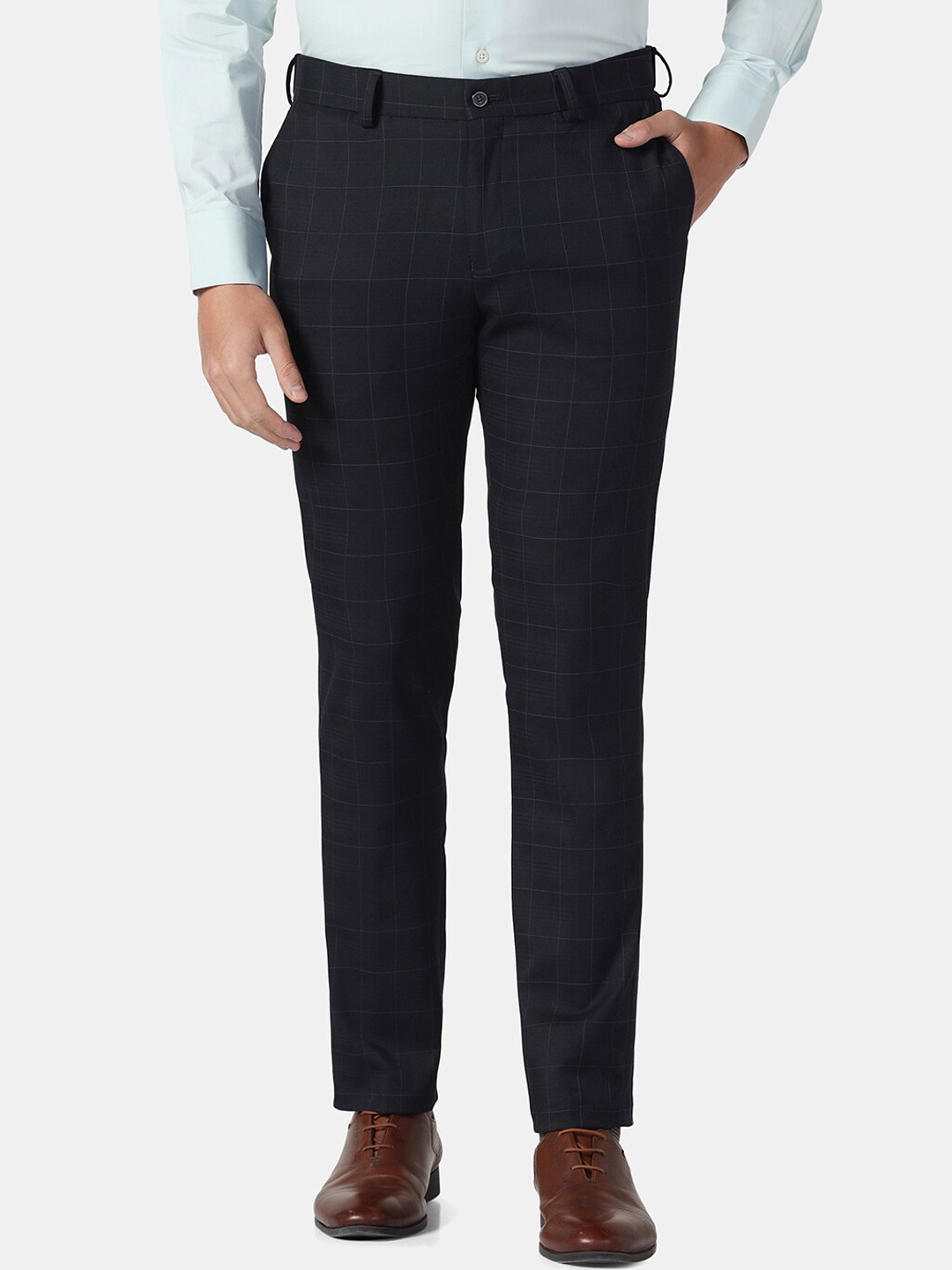 

Blackberrys Men Checked Slim Fit Low-Rise Trousers, Navy blue