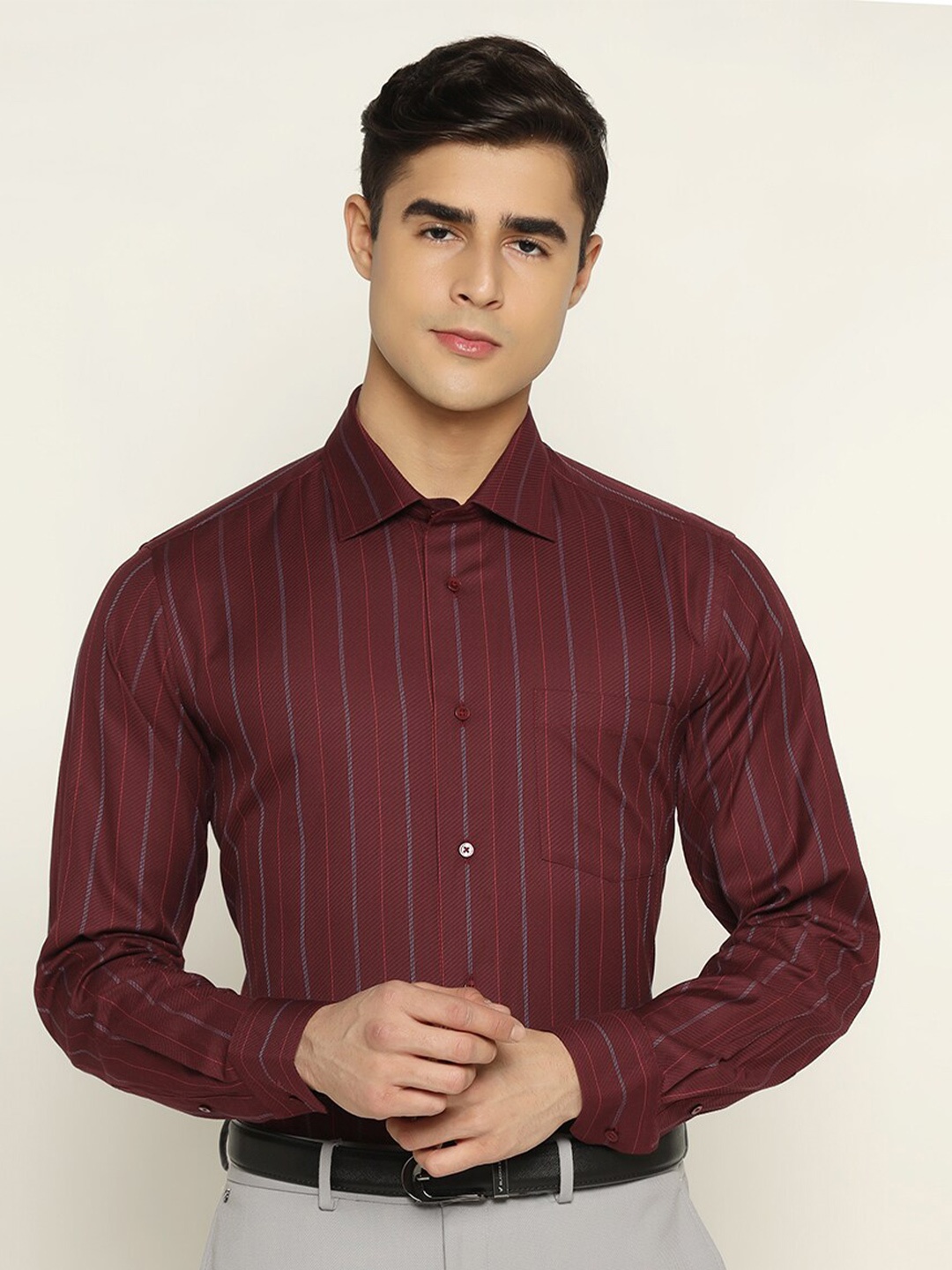 

Blackberrys Men Striped Cotton Slim Fit Formal Shirt, Burgundy