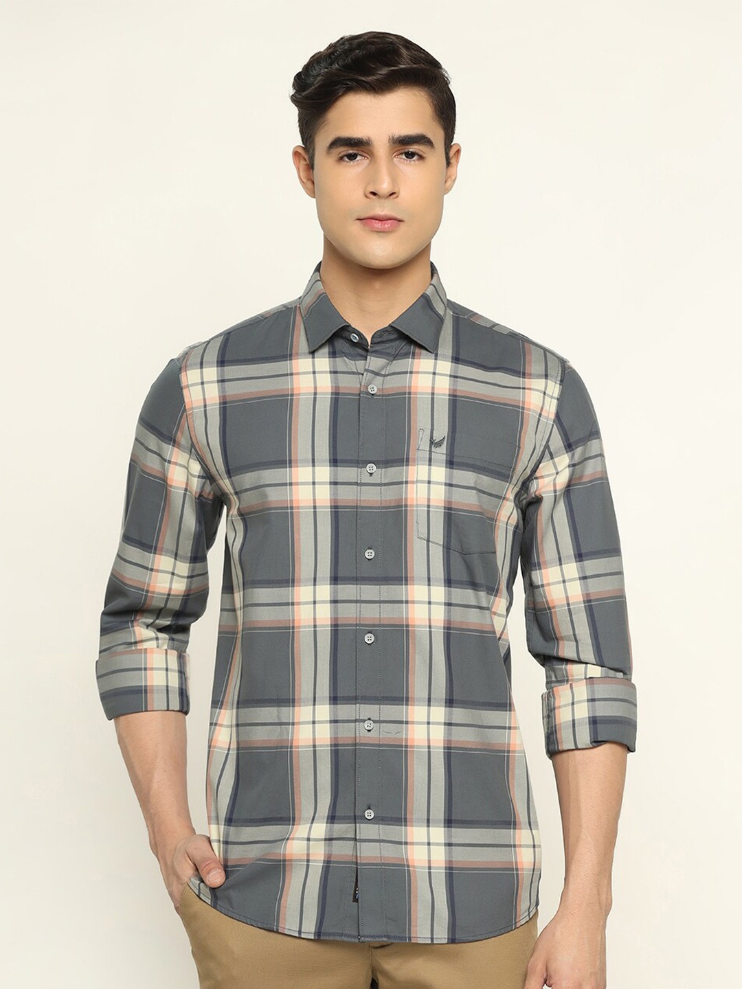 

Blackberrys Men Cotton Slim Fit Tartan Checks Checked Casual Shirt, Grey