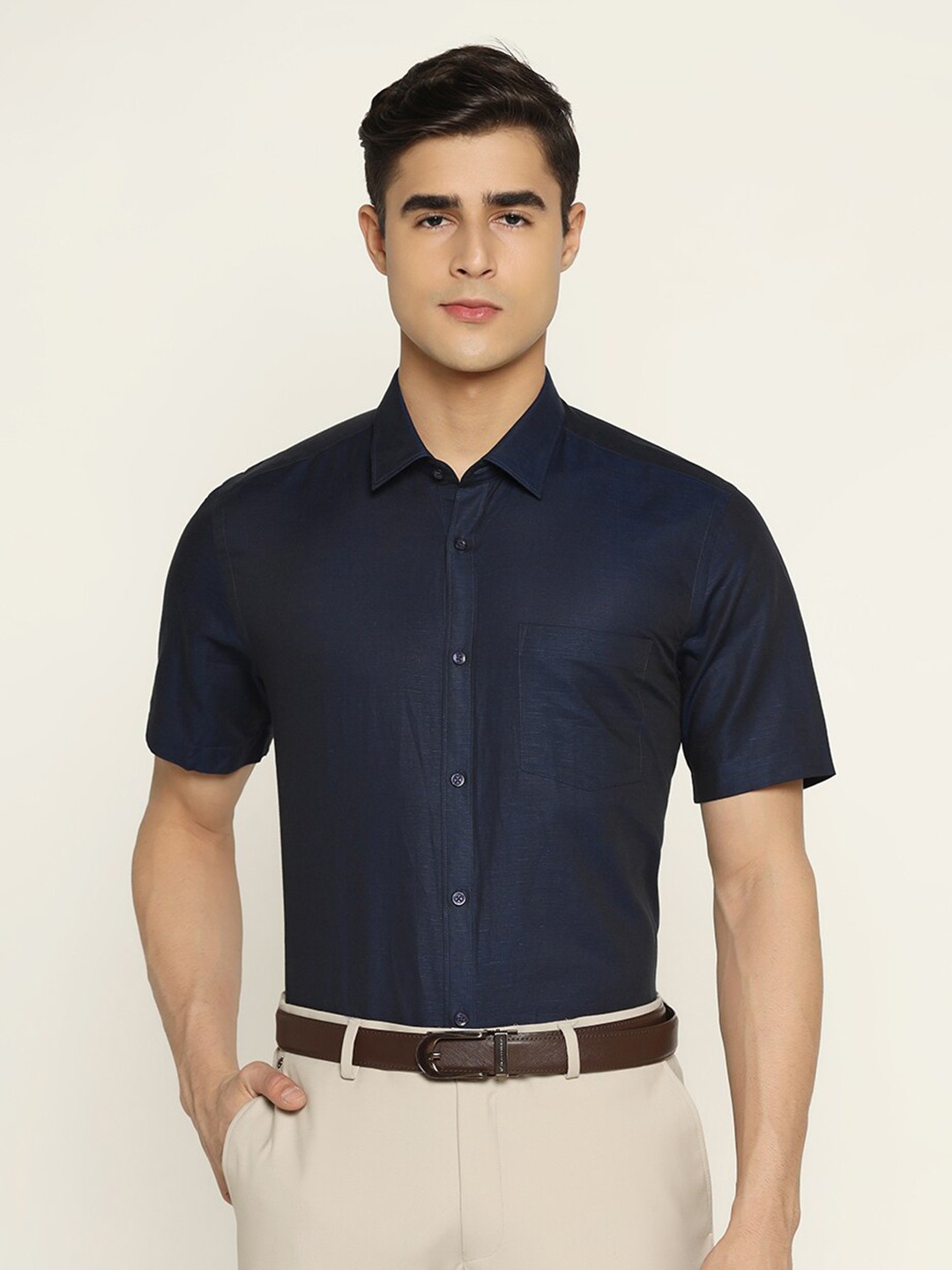 

Blackberrys Men Solid Linen Slim Fit Formal Shirt, Navy blue