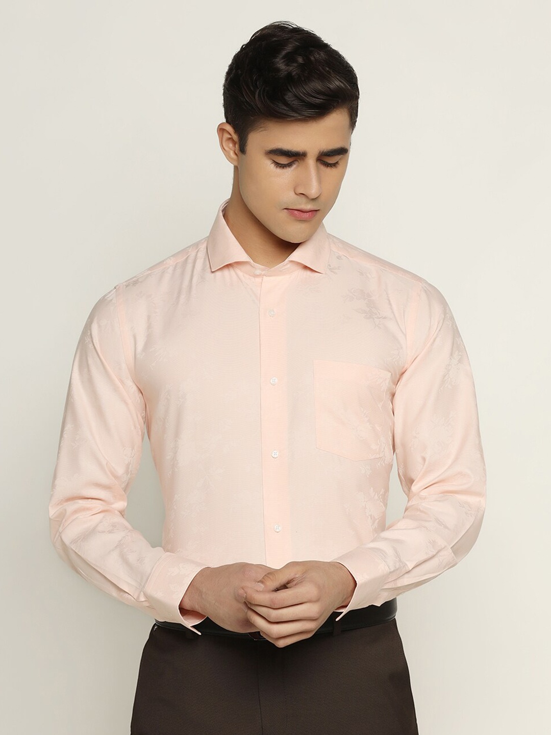 

Blackberrys Men Slim Fit Floral Formal Cotton Shirt, Peach