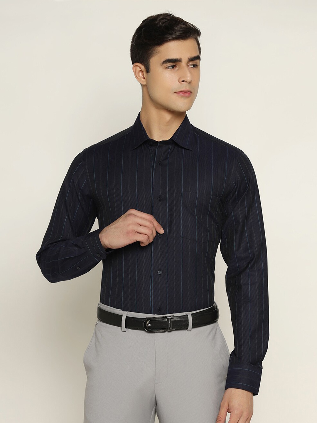 

Blackberrys Men Slim Fit Striped Formal Cotton Shirt, Navy blue