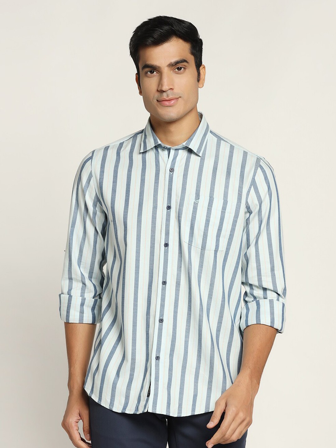 

Blackberrys Men Striped Cotton Slim Fit Casual Shirt, Turquoise blue
