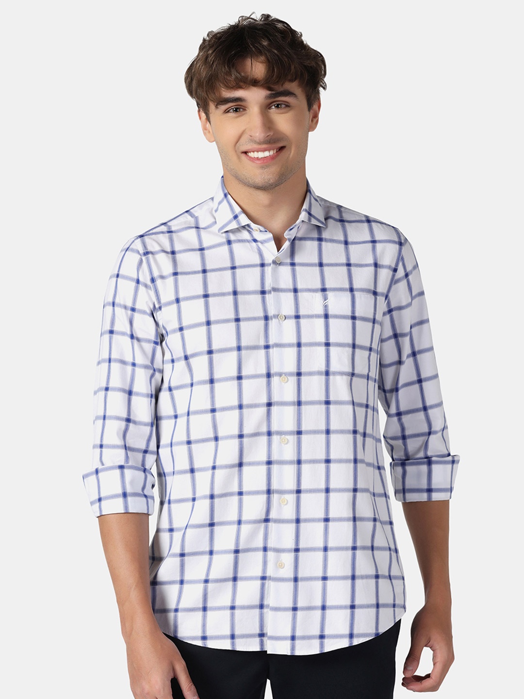 

Blackberrys Men Slim Fit Checked Pure Cotton Casual Shirt, Blue