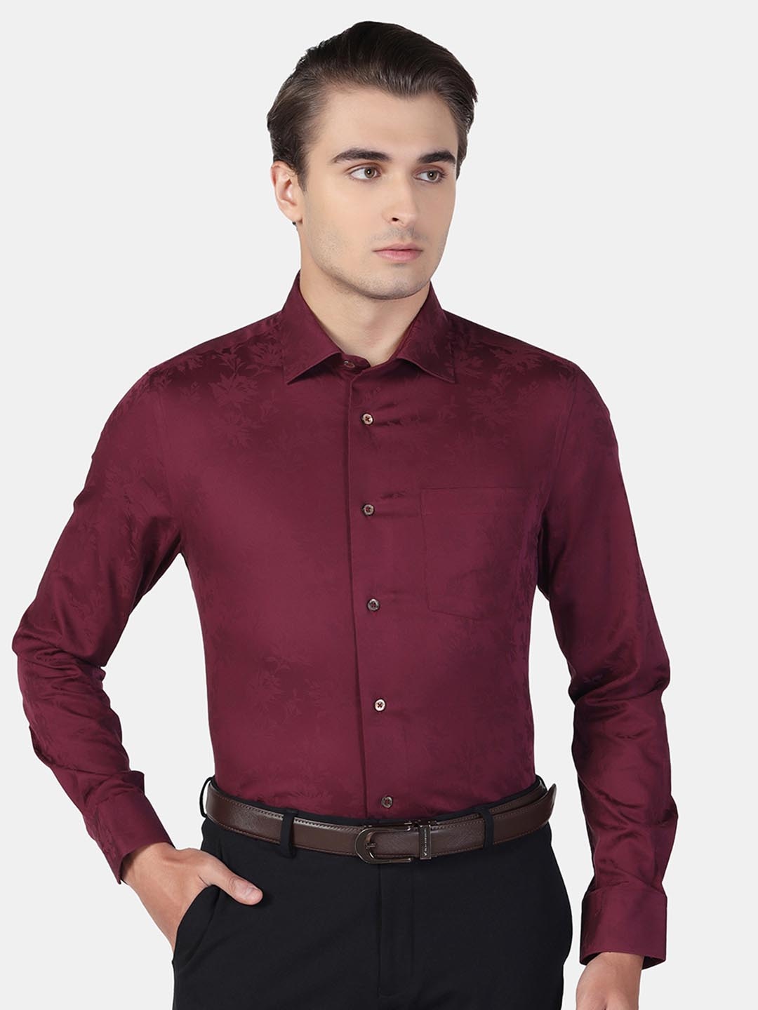 Blackberrys Men Floral Printed Slim Fit Cotton Formal Shirt, Burgundy