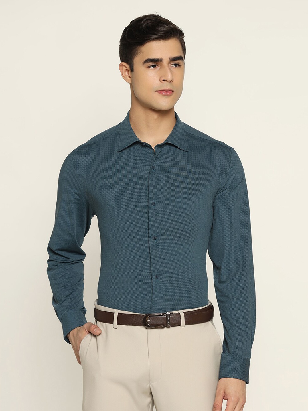 

Blackberrys TechPro Men Navy Textured Formal Shirts, Teal