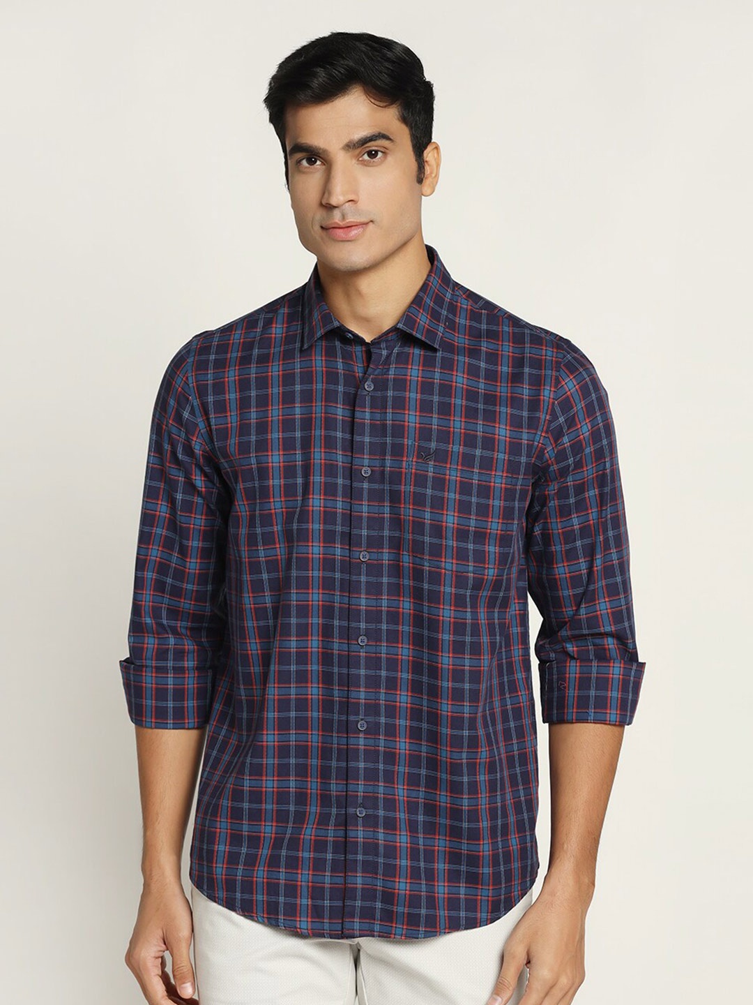 

Blackberrys Men Slim Fit Grid Tattersall Checked Casual Shirt, Navy blue
