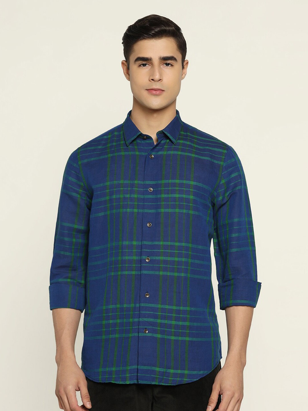 

Blackberrys Men Slim Fit Tartan Checks Checked Linen Casual Shirt, Green