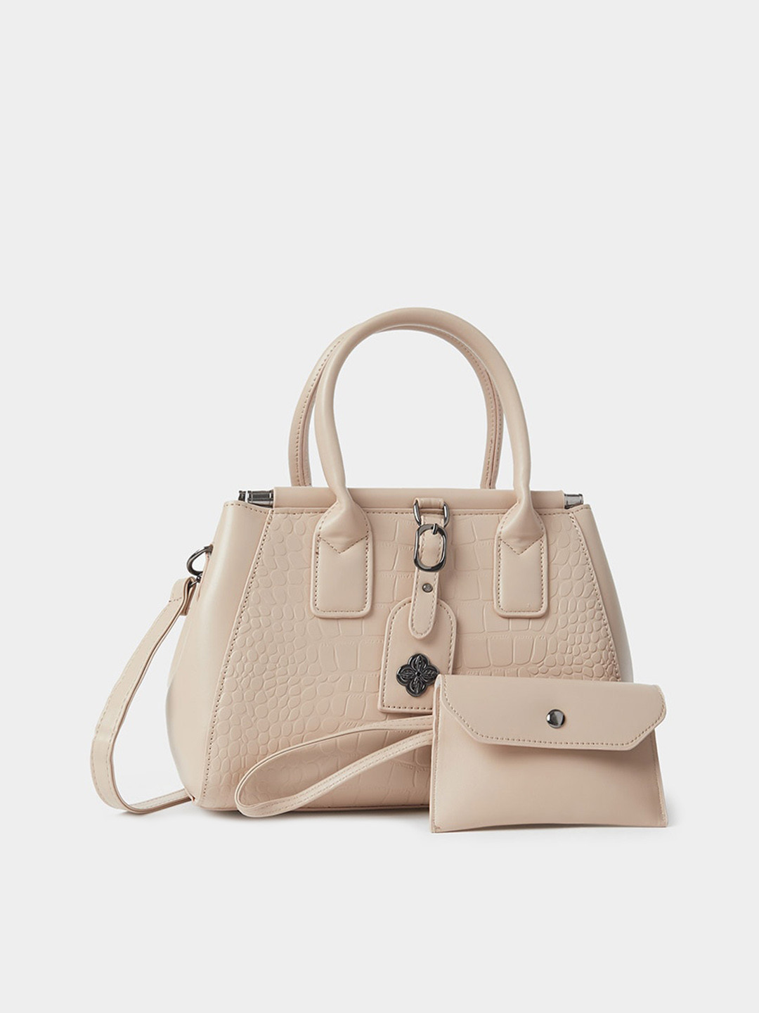 

Styli Croc Textured Handbag with Pouch, Beige