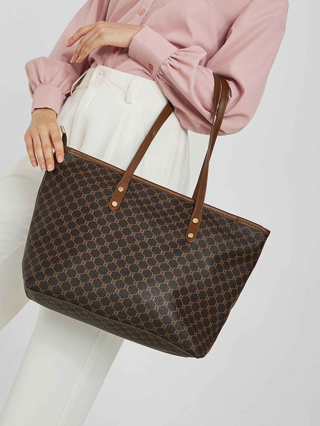 

Styli Women Geometric Printed Structured Tote Bag, Brown