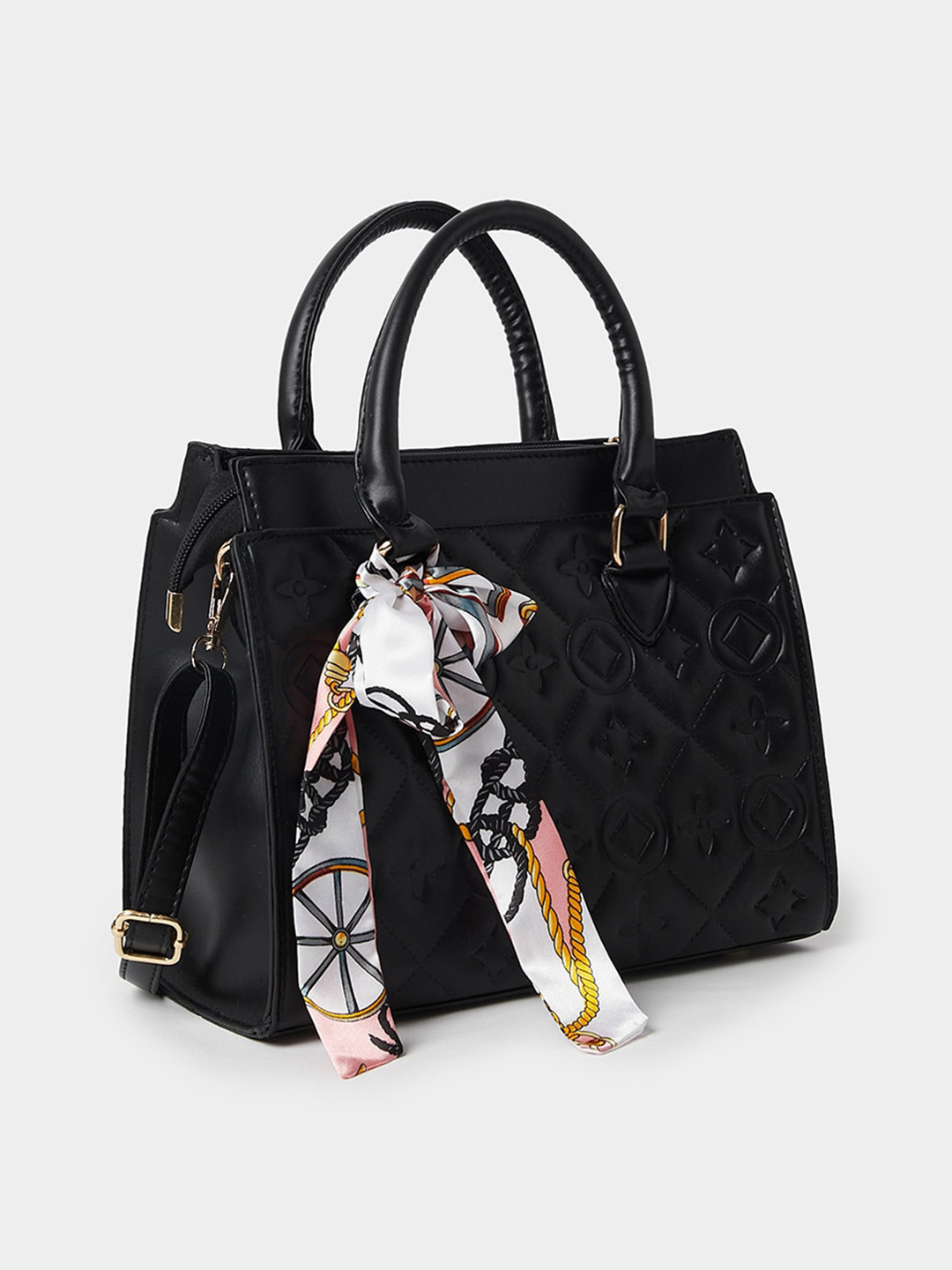 

Styli Textured Structured Handheld Bag with Scraf, Black