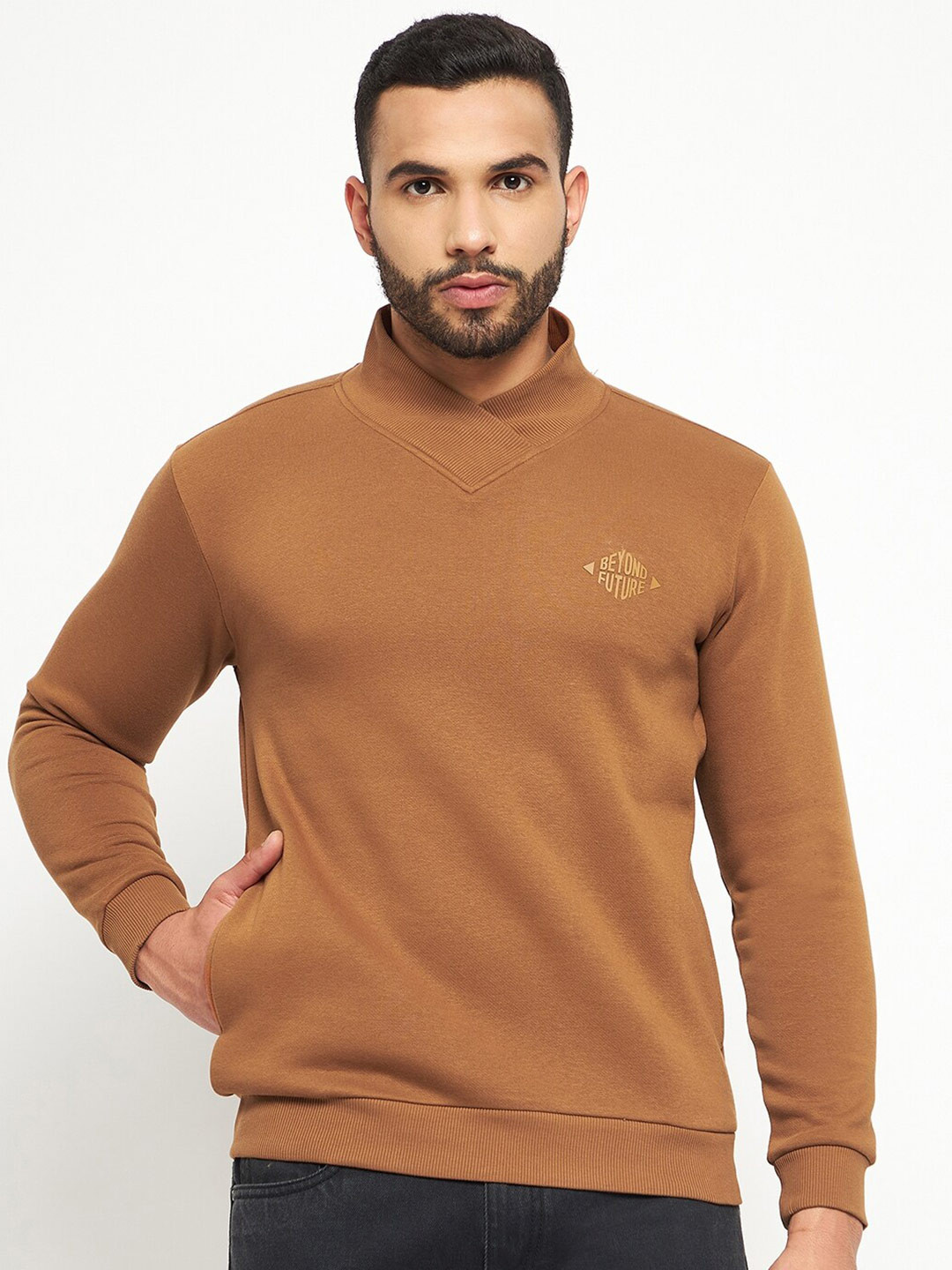 

QUBIC Men High Neck Pullover Sweatshirt, Brown