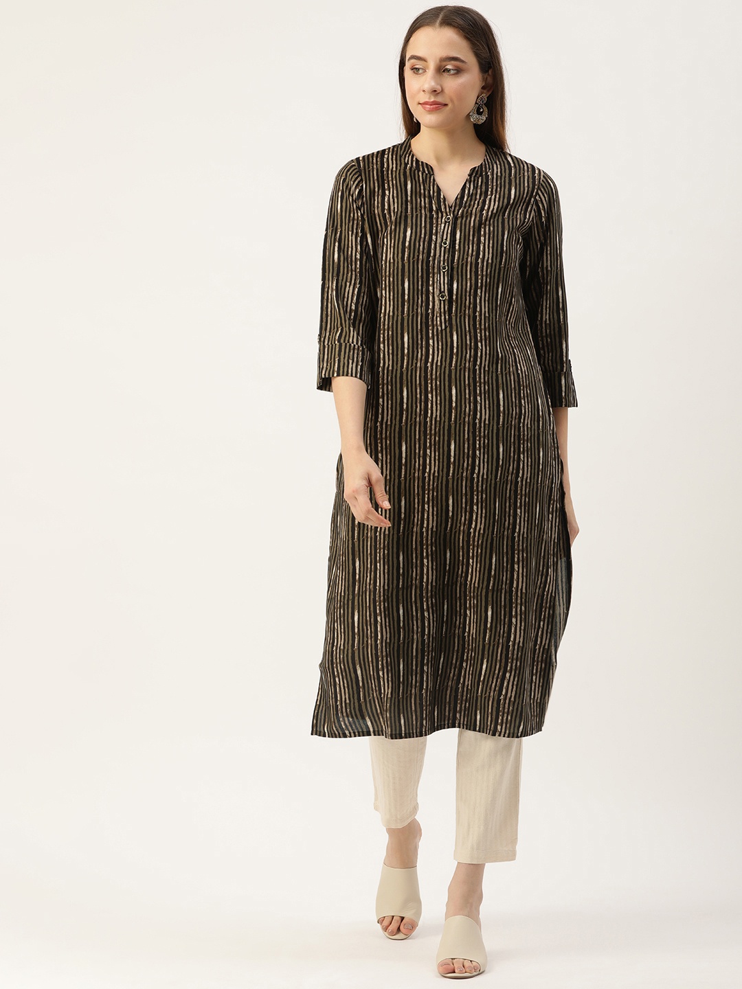 

AMUKTI Striped Straight Kurta, Green