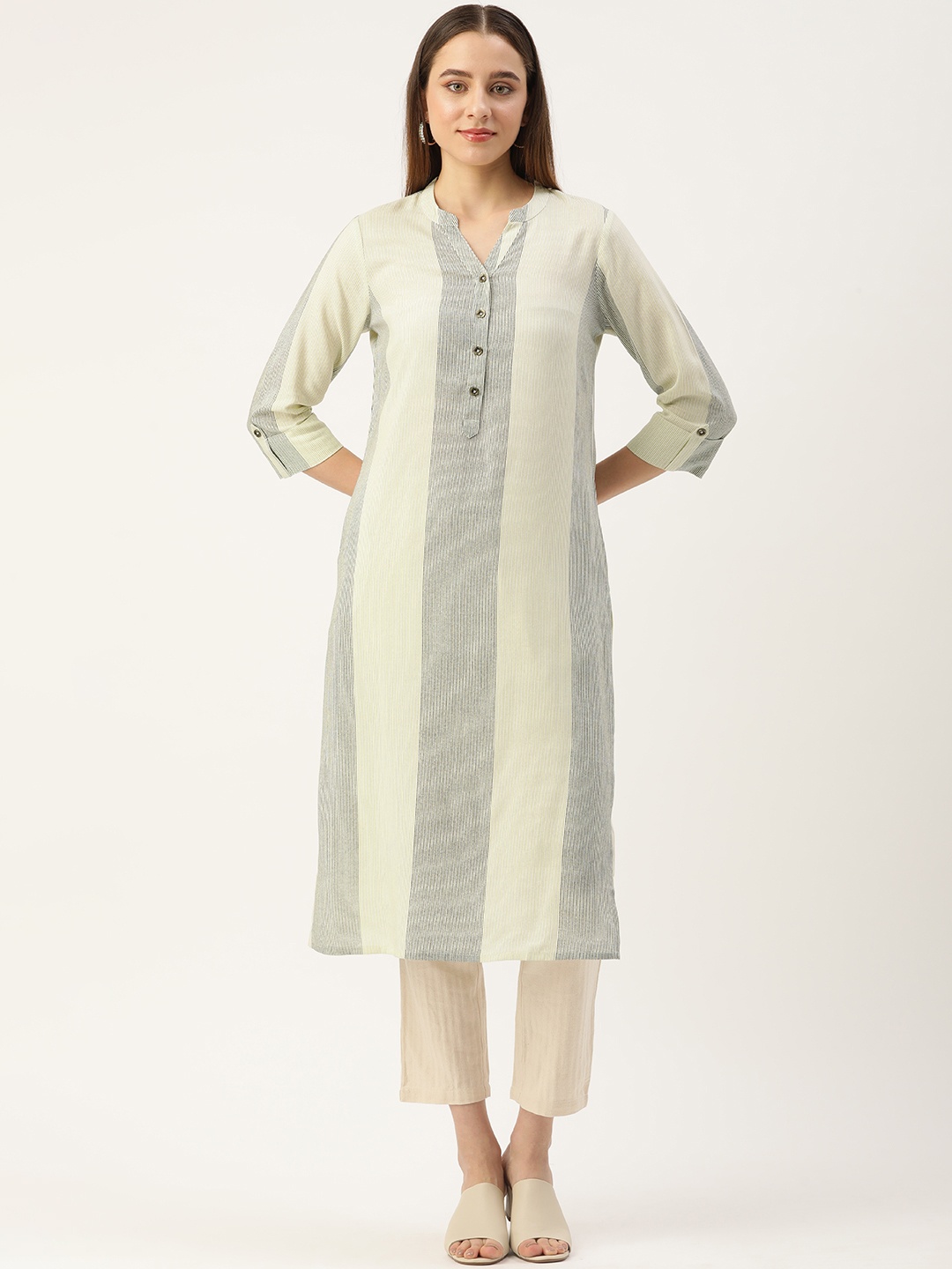 

AMUKTI Striped Straight Kurta, Beige