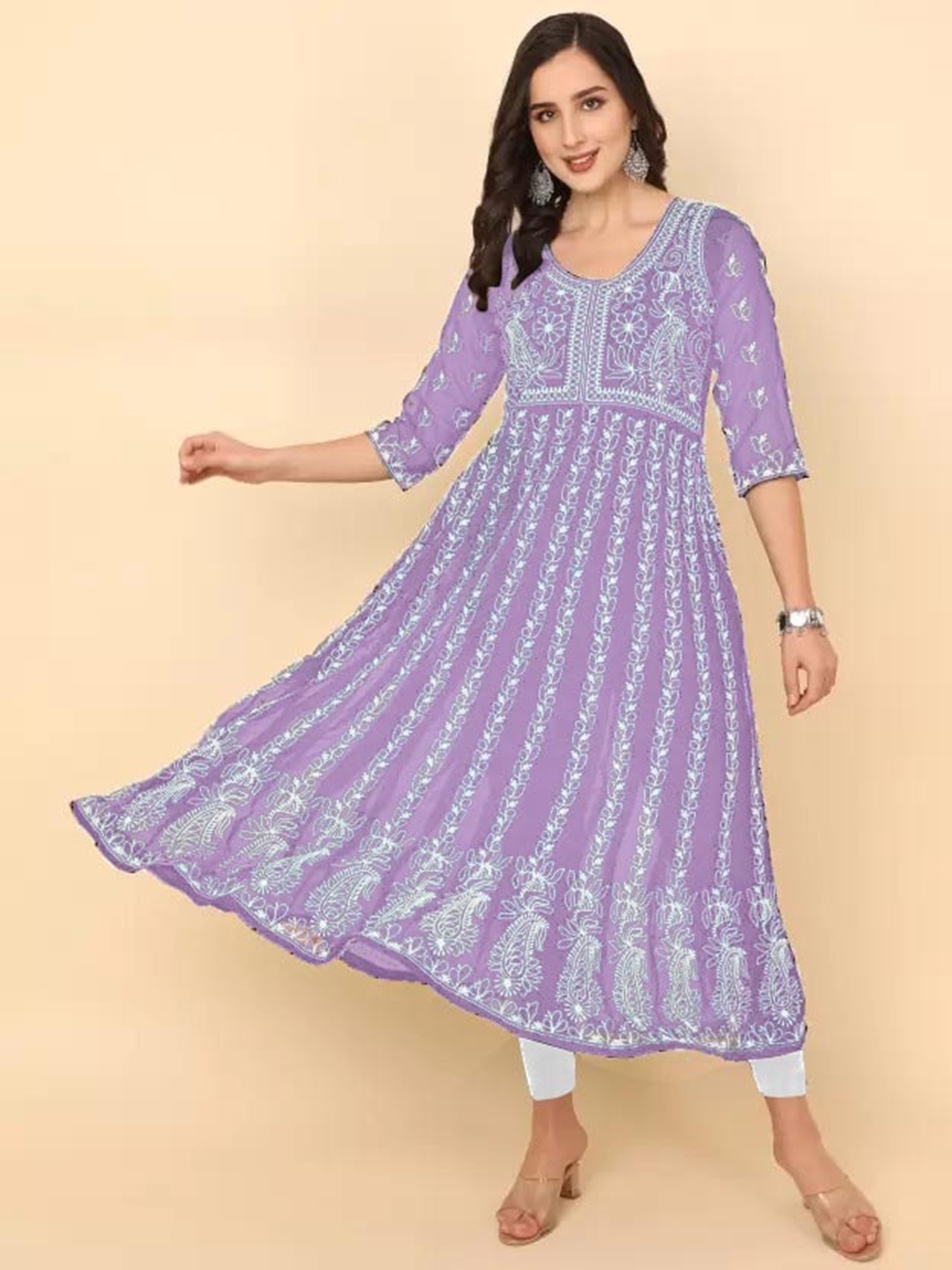 

FabFairy Women Floral Chikankari Embroidered Georgette Anarkali Kurta, Lavender