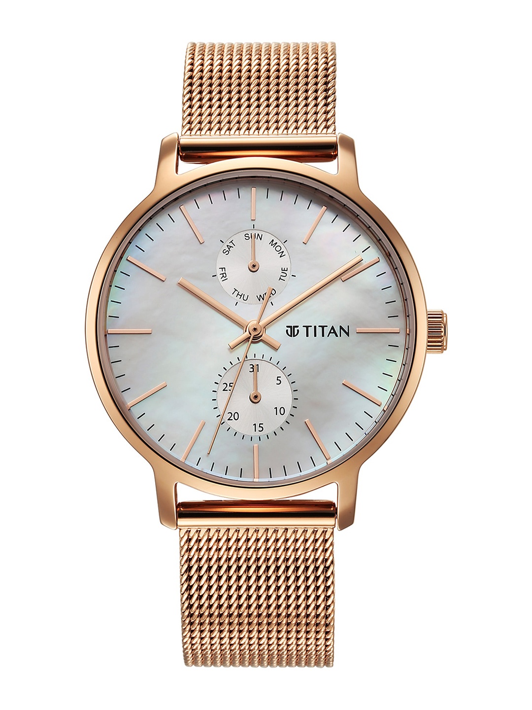 

Titan Women Stainless Steel Bracelet Style Straps Analogue Watch 95143WM01, Rose gold