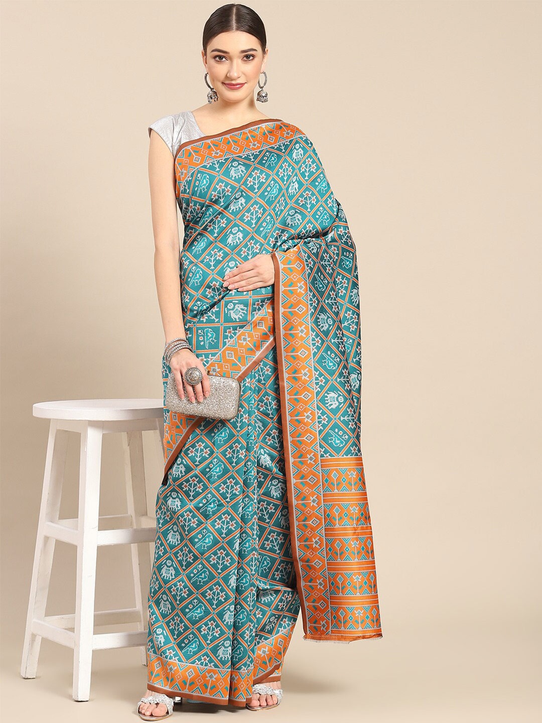 

Mitera Woven Design Zari Silk Blend Kanjeevaram Saree, Turquoise blue