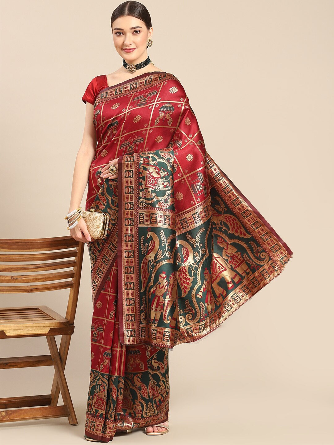 

Mitera Woven Design Zari Silk Blend Kanjeevaram Saree, Maroon