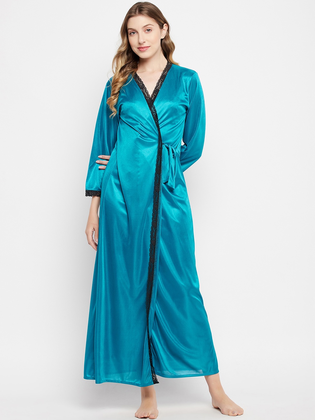 

Clovia Women Chic Satin Maxi-Length Robe, Teal