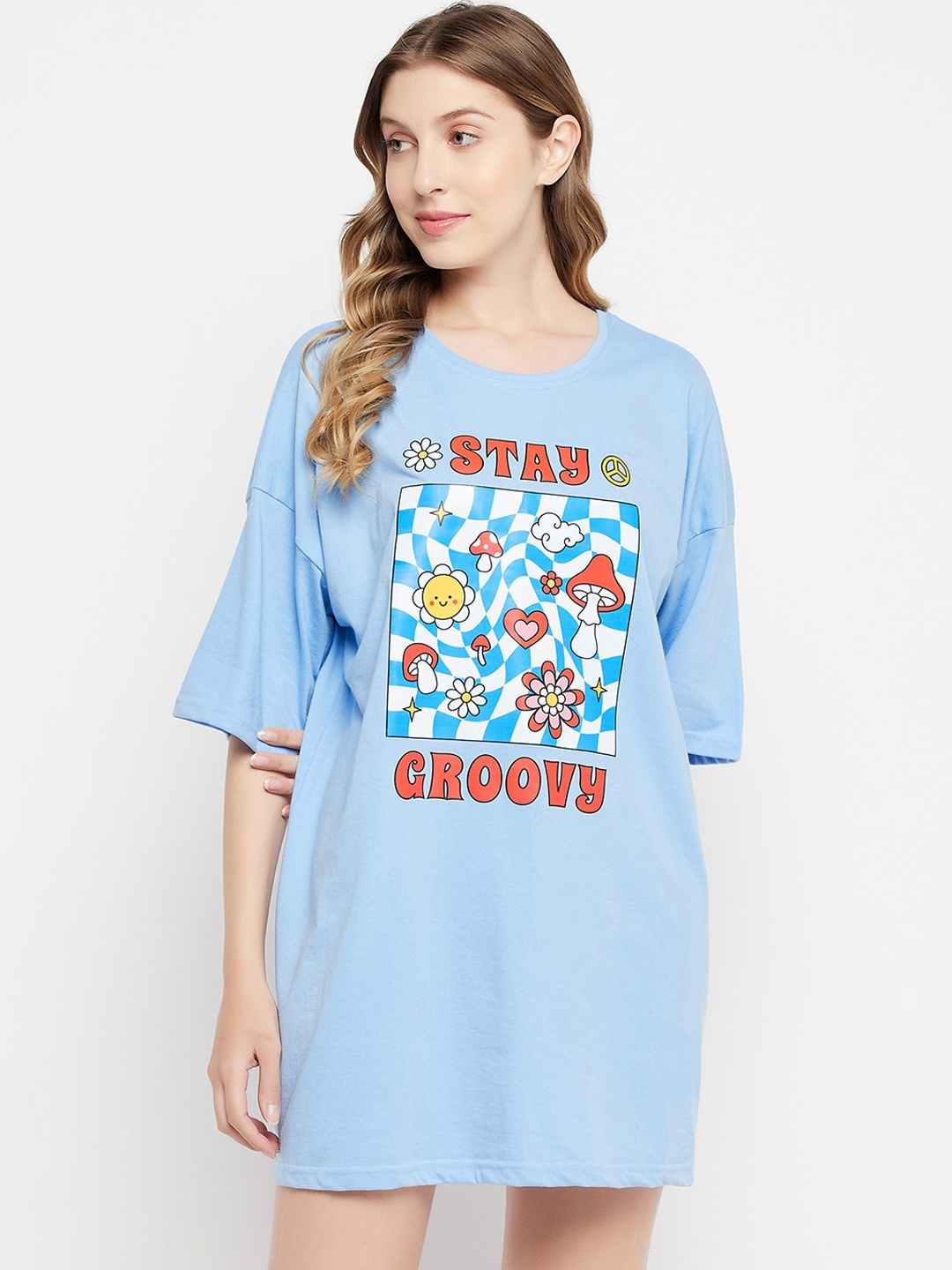 

Clovia Graphic & Typography Printed Oversized Pure Cotton Lounge T-shirt, Blue