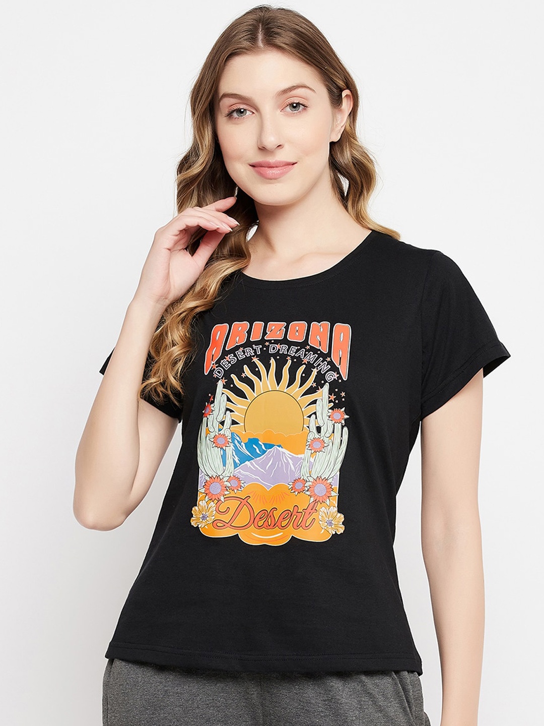 

Clovia Women Text & Graphic Print Pure Cotton Lounge T-shirt, Black
