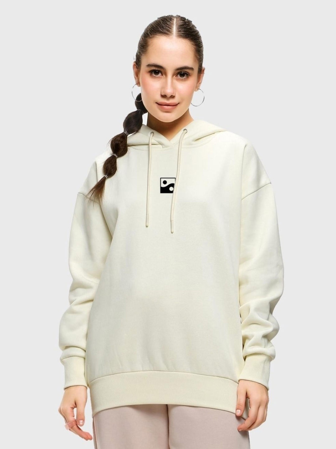 

Bewakoof Women Printed Fleece Loose hooded Sweatshirt, Off white