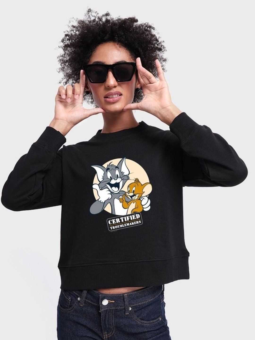 

Bewakoof Women Tom & Jerry Printed Round Neck Fleece Oversized Fit Sweatshirt, Black