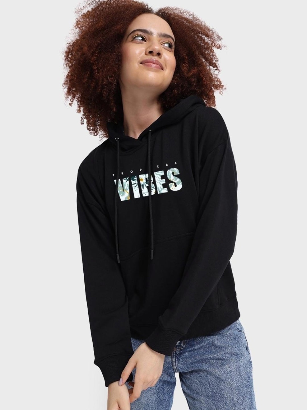

Bewakoof Women Typography Printed Hooded Cotton Oversized Sweatshirt, Black