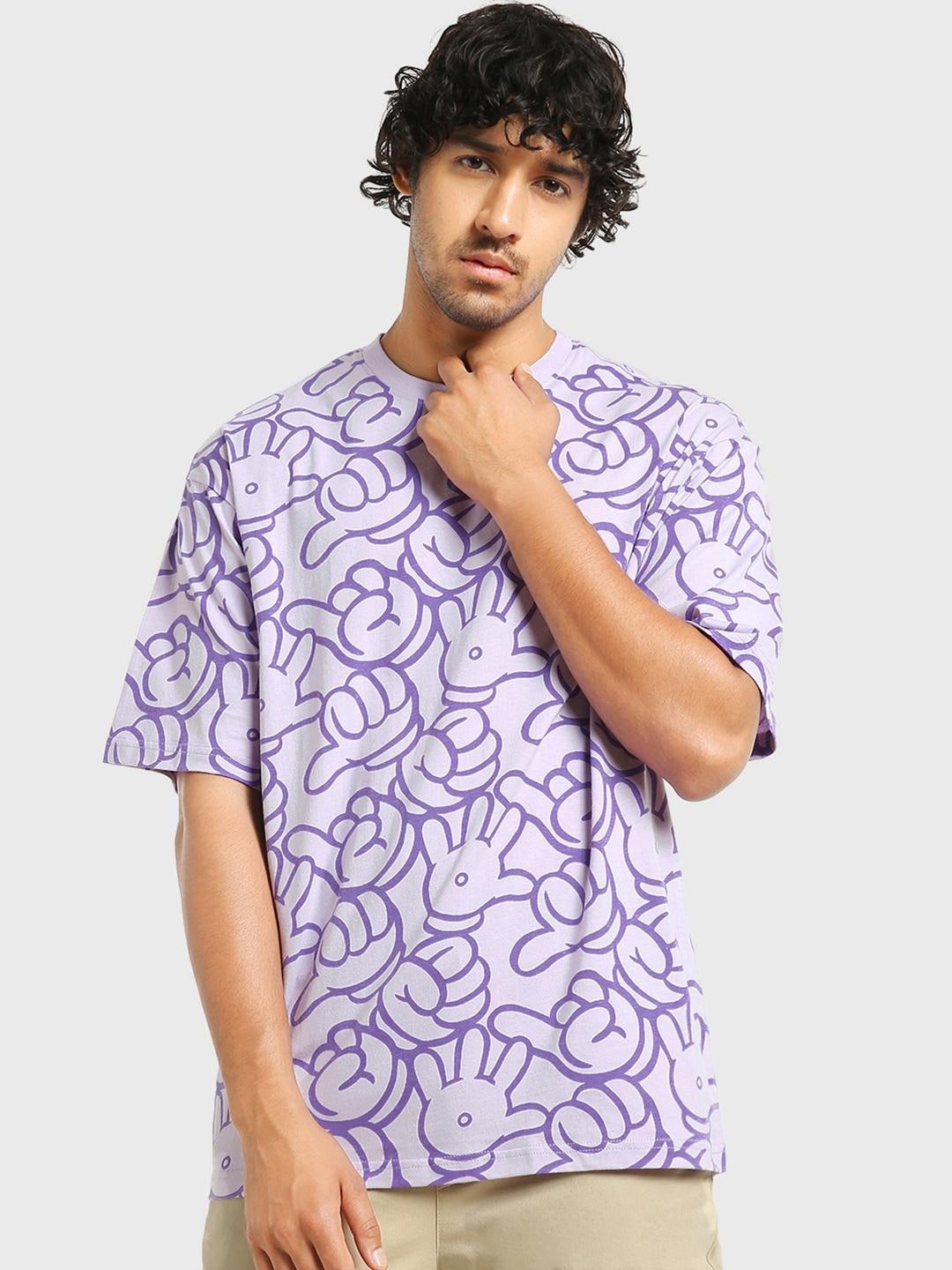 

Bewakoof Men Printed Cotton Drop-Shoulder Sleeves Loose T-shirt, Purple