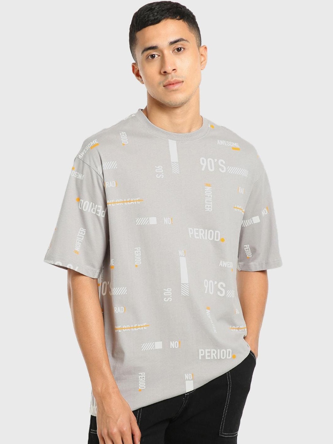 

Bewakoof Men Typography Printed Loose T-shirt, Grey